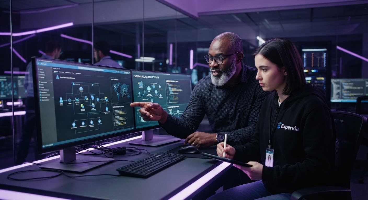 A senior technology professional mentoring a junior colleague at a workstation